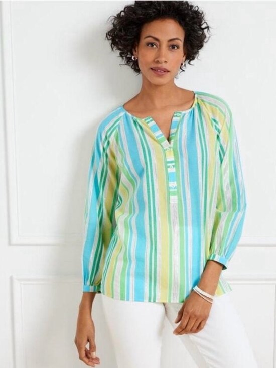 Talbots Womens Cotton Striped Metallic Beachy Loose Tunic Blue Green Yellow L - Picture 1 of 7